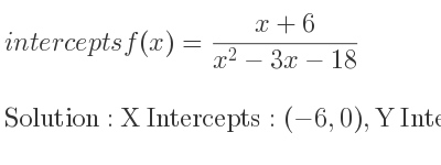 The intercepts of f(x)=(x+6)/(x^2-3x-18) is X Intercepts: (-6,0),Y Intercepts: (0,-1/3)